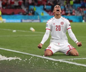 epa09291967 Yussuf Poulsen of Denmark celebrates after scoring the 2-0 lead during the UEFA EURO 2020 group B preliminary round soccer match between Russia and Denmark in Copenhagen, Denmark, 21 June 2021.  EPA/Friedemann Vogel / POOL (RESTRICTIONS: For editorial news reporting purposes only. Images must appear as still images and must not emulate match action video footage. Photographs published in online publications shall have an interval of at least 20 seconds between the posting.)