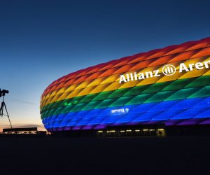 epa09292925 (FILE) - The facade of the landmark 'Allianz Arena' stadium is illuminated in the rainbow colors of the LGBT (Lebian, Gay, Bisexual and Transgender) movement to mark the Christopher Street Day, in Munich, Germany, 09 July 2016 (reissued 2 June 2021). The UEFA has declined a request from Munich authorities to illuminate the stadium's facade in rainbow colours for the UEFA Euro 2020 group stage match Germany vs Hungary to be held on 23 June 2021. "Given the political context of this specific request -- a message aiming at a decision taken by the Hungarian national parliament -- UEFA must decline this request," the football governing body said.  EPA/TOBIAS HASE  GERMANY OUT *** Local Caption *** 52880173