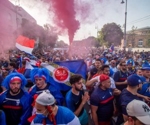 epa09296599 French fans march from Heroes' Square to Puskas Ferenc Arena before the Portugal vs. France match to be played in the third round of Group F in Puskas stadium in Budapest, Hungary 23 June 2021.  EPA/Zoltan Balogh HUNGARY OUT