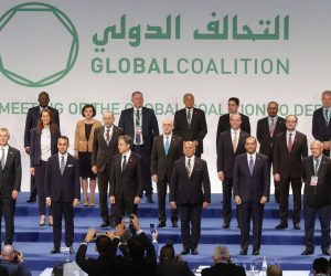 epa09307455 Dignitaries line up for a family photo during the G20 Ministerial Meeting of the Global Coalition to Defeat ISIS (Islamic State, IS) in Rome, Italy, 28 June 2021.  EPA/GIUSEPPE LAMI