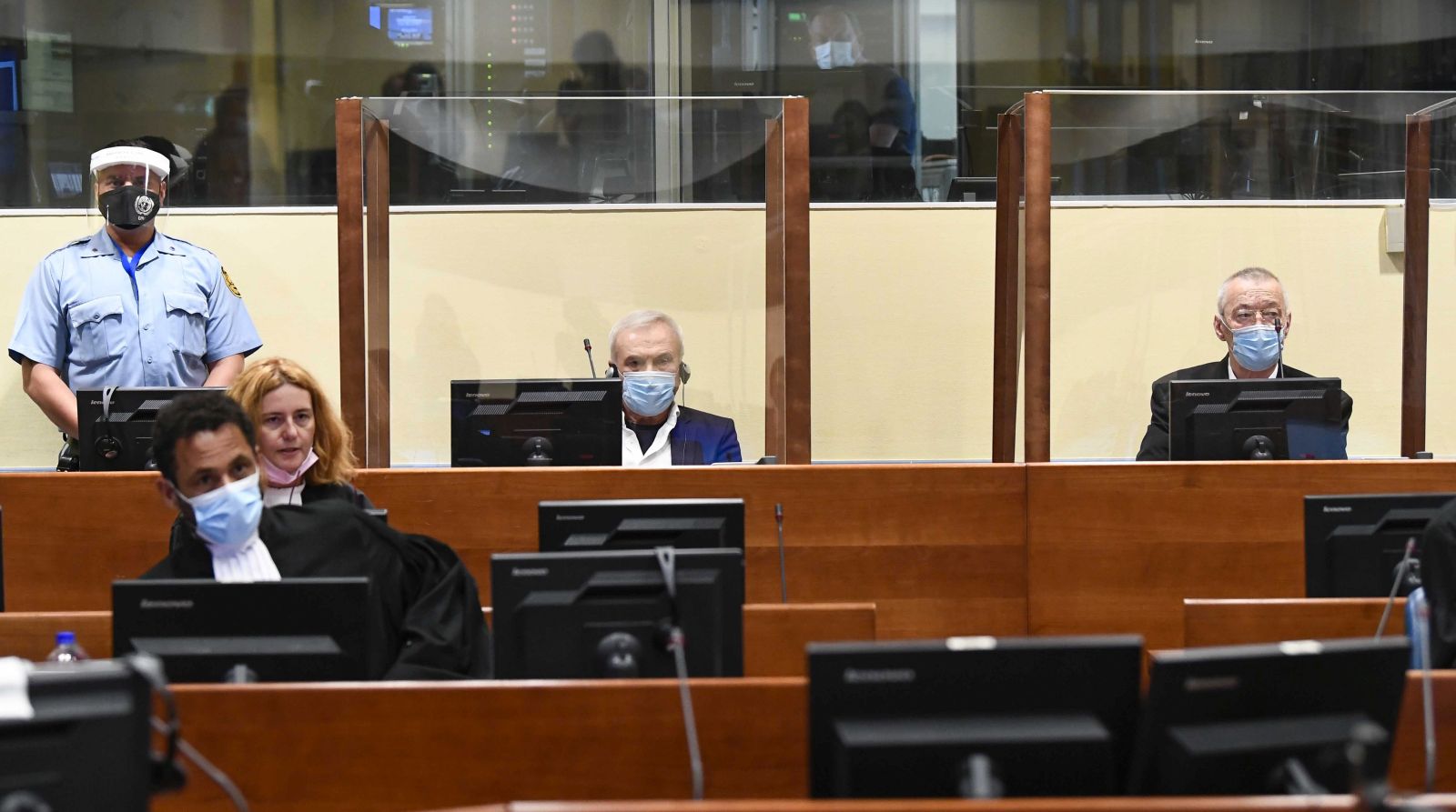 epa09313536 Jovica Stanisic, 70, the former head of Serbia's state security service, and his deputy, Franko Simatovic, 71 appear in court at the UN International Residual Mechanism for Criminal Tribunals (IRMCT) in The Hague, Netherlands, 30 June, 2021. The two ex-security chiefs of the Serbian state security service are to be given a verdict on 30 June 30 on charges of running death squads in the 1990s Balkan wars.  EPA/Piroschka van de Wouw / POOL