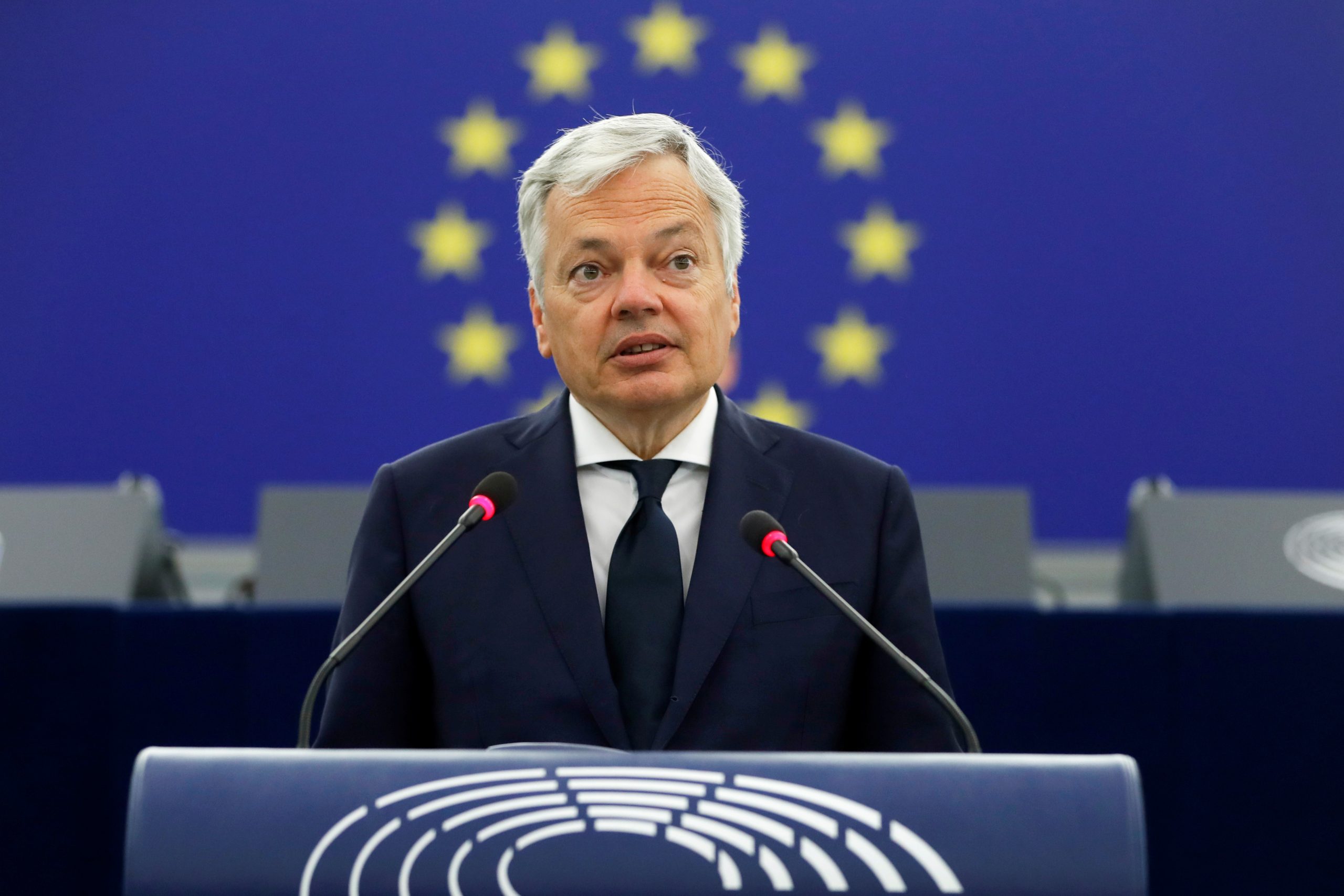 Plenary session at the European Parliament in Strasbourg European Commissioner for Justice Didier Reynders delivers his speech at the European Parliament in Strasbourg, France June 8, 2021. Jean-Francois Badias/Pool via REUTERS POOL