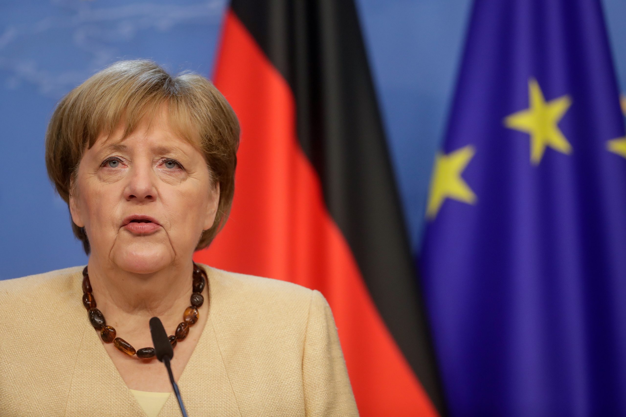 European summit in Brussels Germany's Chancellor Angela Merkel gives a press conference on the second day of a EU summit at the European Council building in Brussels, Belgium June 25, 2021. Stephanie Lecocq/Pool via REUTERS POOL