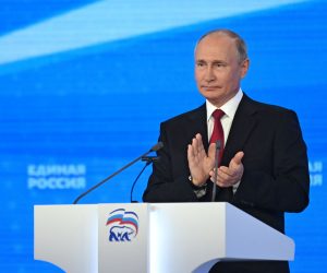 epa09285229 Russian President Vladimir Putin delivers his speech during the United Russia political party annual convention in Moscow, Russia, 19 June 2021. The pro-Kremlin party United Russia is the main ruling political party in the country.  EPA/GRIGORY SYSOYEV / SPUTNIK / KREMLIN POOL MANDATORY CREDIT