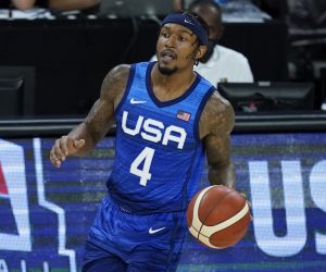 United States' Bradley Beal plays against Australia during an exhibition basketball game Monday, July 12, 2021, in Las Vegas. (AP Photo/John Locher)