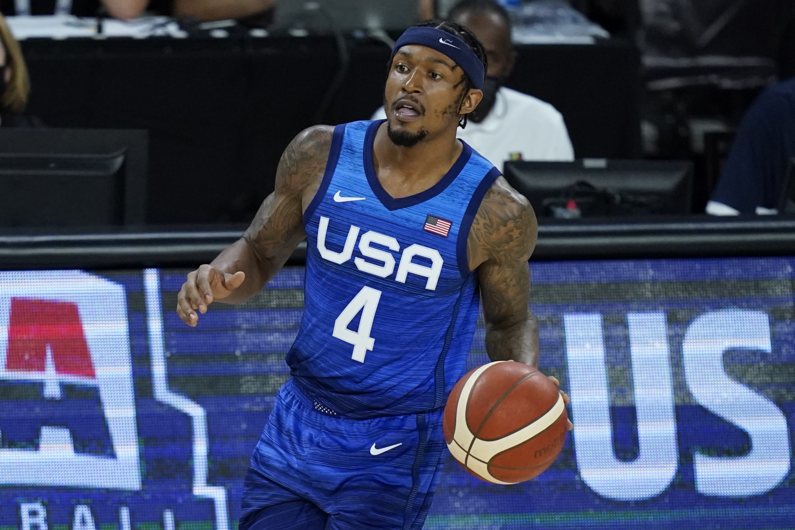 United States' Bradley Beal plays against Australia during an exhibition basketball game Monday, July 12, 2021, in Las Vegas. (AP Photo/John Locher)