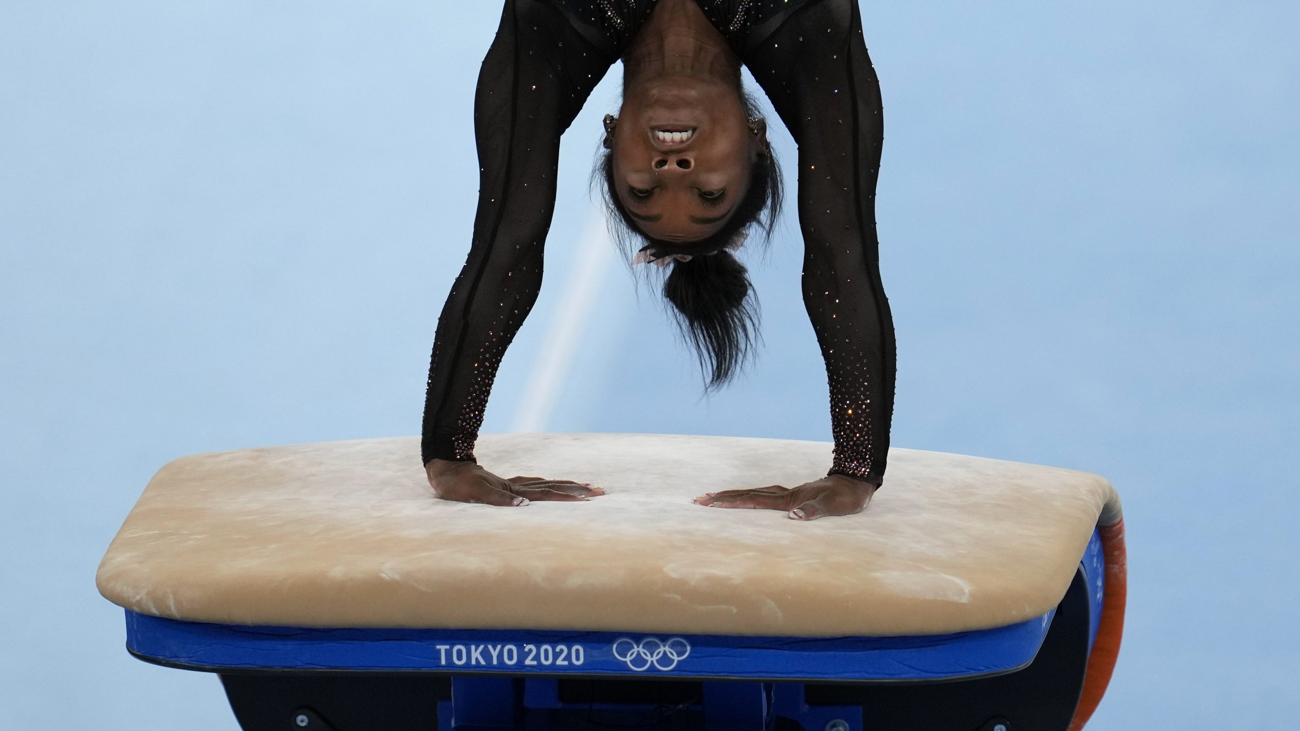 Simone Biles, of United States, trains on the vault for the artistic gymnastics at Ariake Gymnastics Centre venue ahead of the 2020 Summer Olympics, Thursday, July 22, 2021, in Tokyo, Japan. (AP Photo/Natacha Pisarenko)