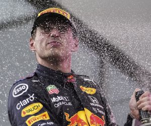 epa09305508 Dutch Formula One driver Max Verstappen of Red Bull Racing celebrates on the podium after winning the Formula One Grand Prix of Styria at the Red Bull Ring in Spielberg, Austria, 27 June 2021.  EPA/Darko Vojinovic / POOL