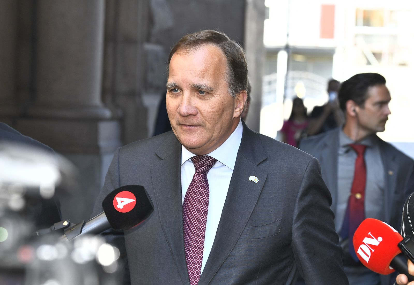 epa09310196 Sweden's acting Prime Minister Stefan Lofven (C) arrives for a round of consultations at the Swedish parliament in Stockholm, Sweden, 29 June 2021. The Prime Minister and other ministers were dismissed by the Speaker of the Riksdag on 28 June. However they retained their positions until a new government takes office. The Speaker will start consultations with representatives of the party groups with the aim of proposing a new Prime Minister to the Riksdag.  EPA/CLAUDIO BRESCIANI  SWEDEN OUT