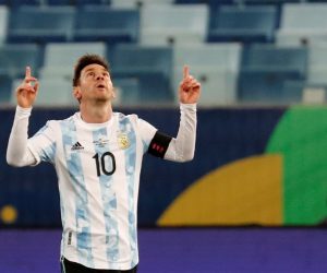 epa09309895 Lionel Messi of Argentina reacts after scoring during the Copa America group A soccer match between Bolivia and Argentina at Arena Pantanal stadium in Cuiaba, Brazil, 28 June 2021.  EPA/Sebastiao Moreira