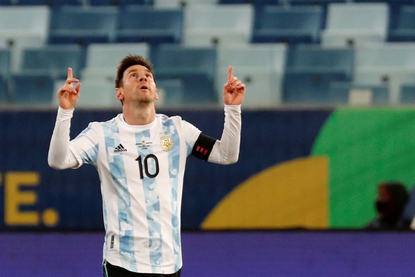 epa09309895 Lionel Messi of Argentina reacts after scoring during the Copa America group A soccer match between Bolivia and Argentina at Arena Pantanal stadium in Cuiaba, Brazil, 28 June 2021.  EPA/Sebastiao Moreira