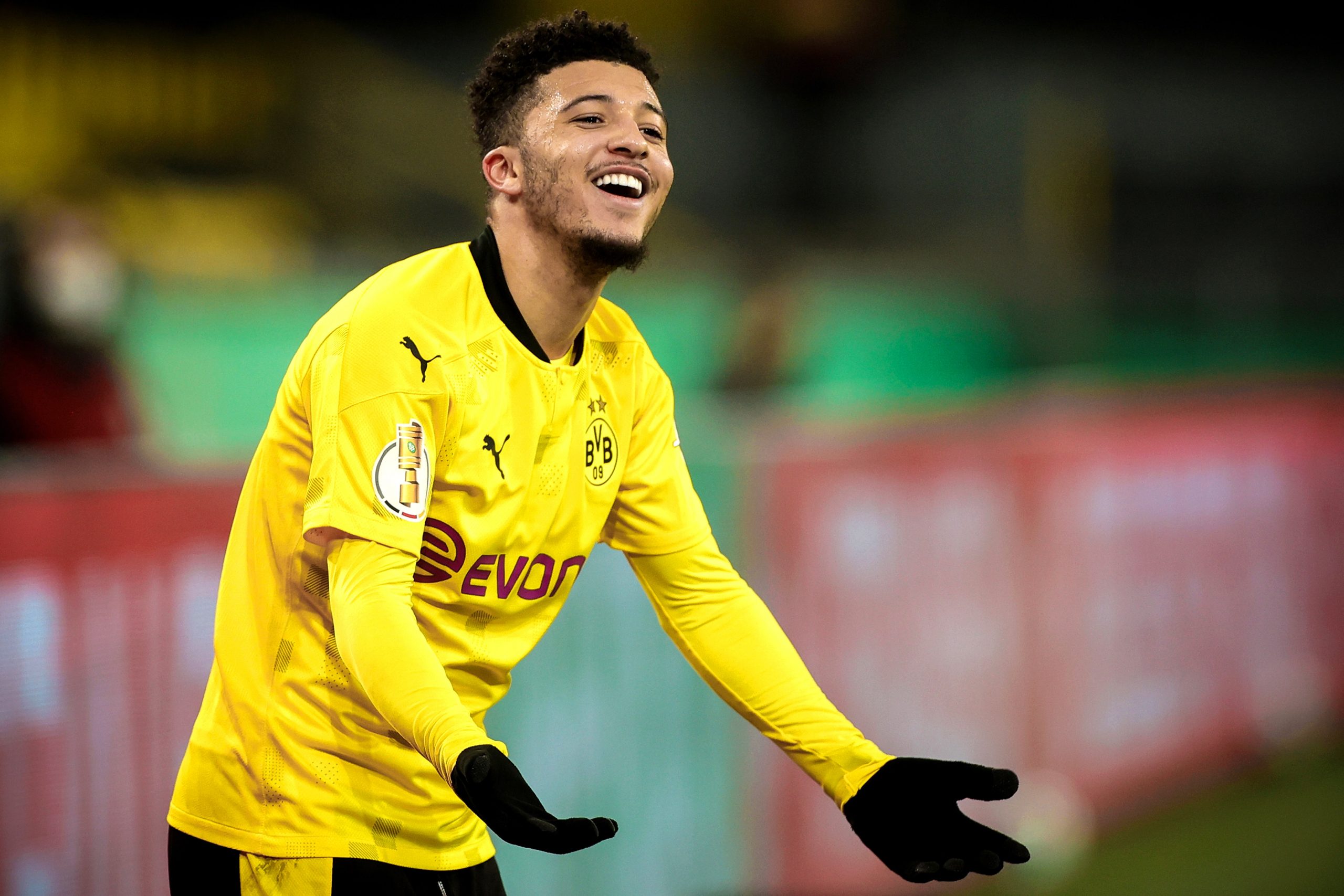 epa09314984 (FILE) - Dortmund's Jadon Sancho reacts during the German DFB Cup round of 16 soccer match between Borussia Dortmund and SC Paderborn 07 in Dortmund, Germany, 02 February 2021 (re-issued on 01 July 2021). England winger Jadon Sancho is set to join English Premier League soccer club Manchester United for a reported transfer fee of about 73 million pound (84.8 million euro), after Manchester United reached an agreement with German Bundesliga side Borussia Dortmund on 30 June 2021.  EPA/FRIEDEMANN VOGEL *** Local Caption *** 56666680