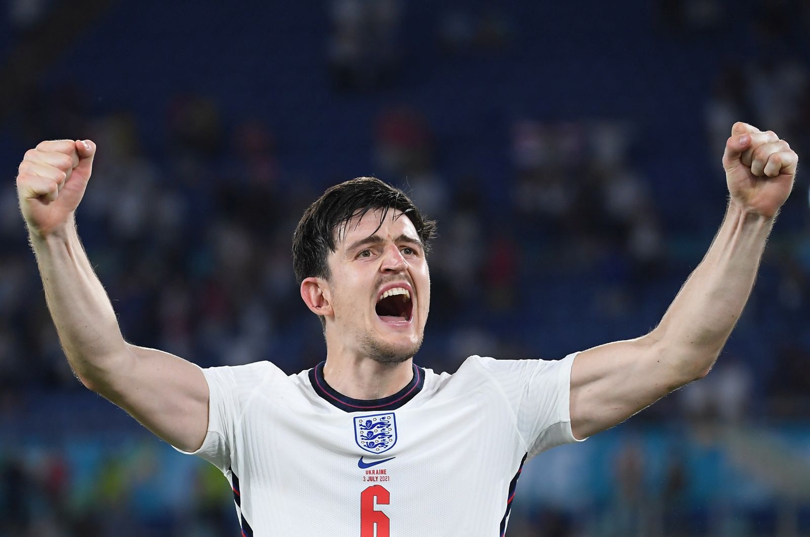 epa09321503 Harry Maguire of England celebrates after winning the UEFA EURO 2020 quarter final match between Ukraine and England in Rome, Italy, 03 July 2021.  EPA/Ettore Ferrari / POOL (RESTRICTIONS: For editorial news reporting purposes only. Images must appear as still images and must not emulate match action video footage. Photographs published in online publications shall have an interval of at least 20 seconds between the posting.)