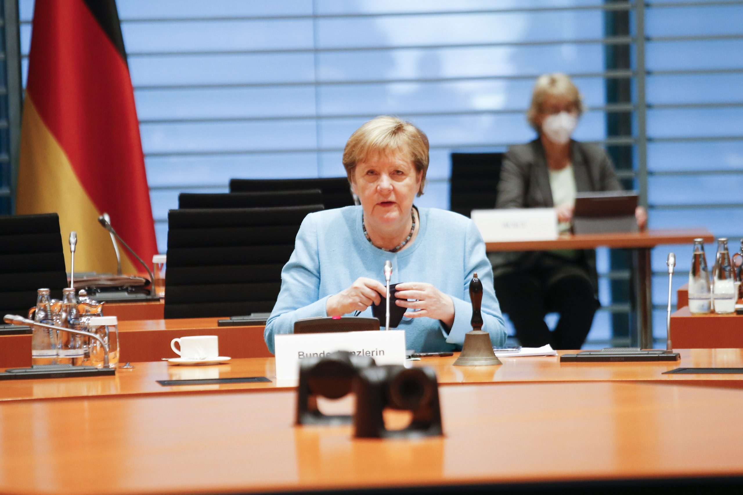 epa09343552 Angela Merkel arrives for the weekly cabinet meeting at the Chancellery in Berlin, Germany, 14 July 2021.  EPA/GEORG WENZEL / POOL