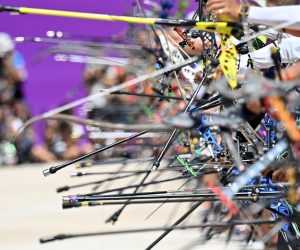epa09359191 Arrows are seen during the men's individual ranking round at Yumenoshima Park Archery Field in Tokyo, Japan, 23 July 2021.  EPA/TIBOR ILLYES HUNGARY OUT