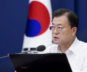 epa09366205 South Korean President Moon Jae-in speaks during a meeting with his senior secretaries at the presidential office, Cheong Wa Dae, in Seoul, South Korea, 26 July 2021.  EPA/YONHAP SOUTH KOREA OUT