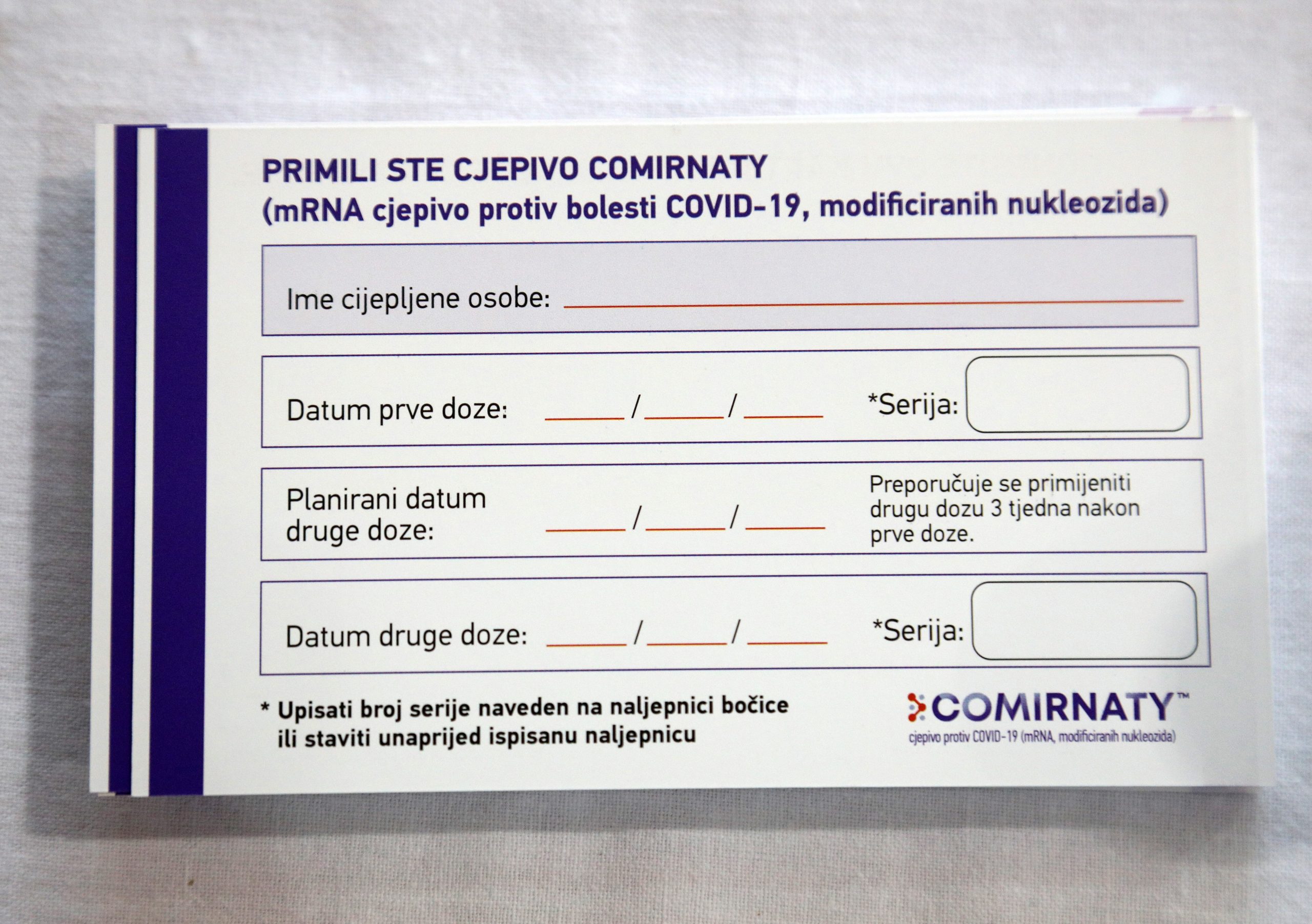 20.07.2021., Sibenik - Kartica cijepljenja za mRNA cjepivo Covid-19.

Photo: Dusko Jaramaz/PIXSELL