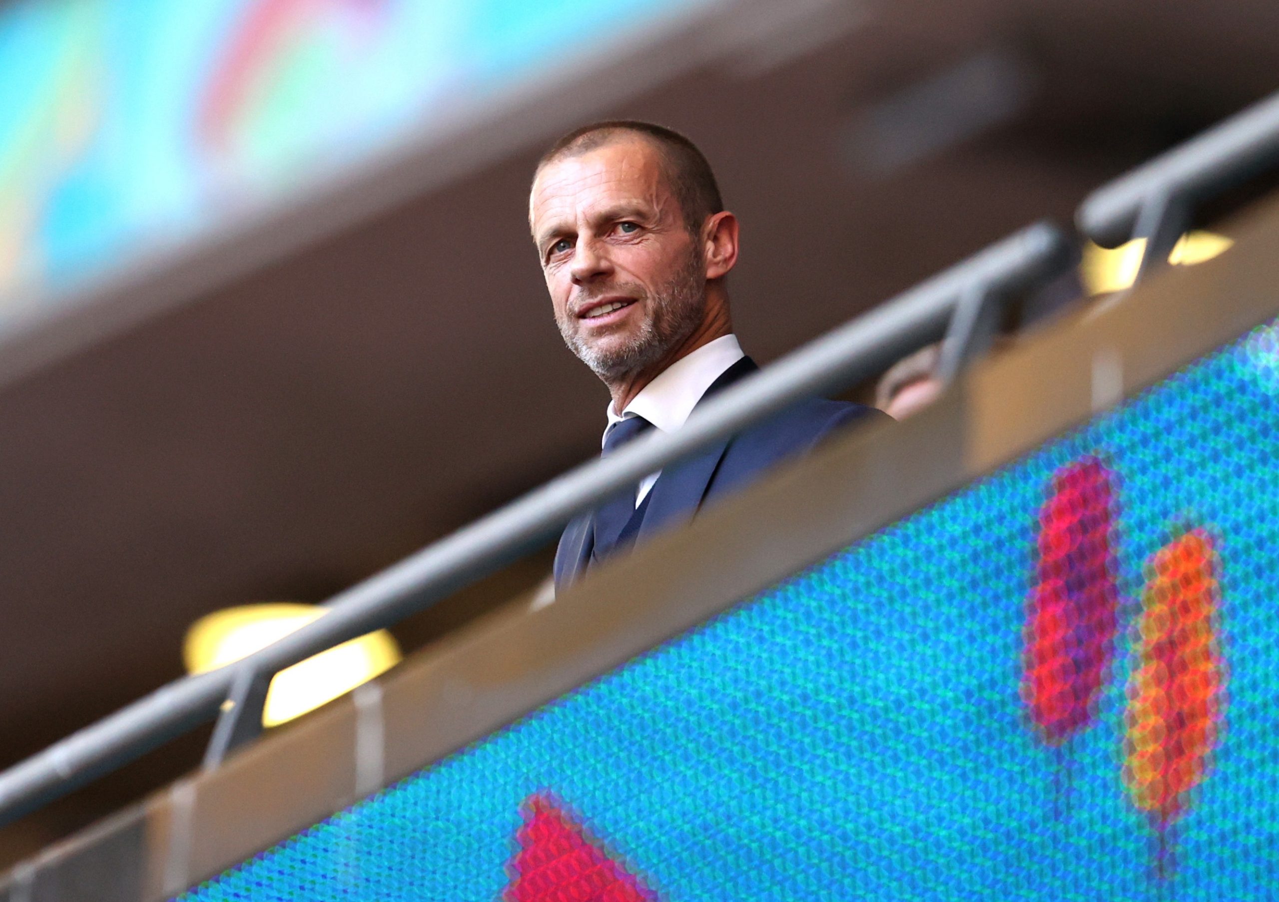Euro 2020 - Semi Final - England v Denmark Soccer Football - Euro 2020 - Semi Final - England v Denmark - Wembley Stadium, London, Britain - July 7, 2021 UEFA President Aleksander Ceferin in the stands before the match Pool via REUTERS/Catherine Ivill CATHERINE IVILL