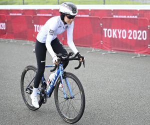 28 July 2021, Japan, Oyama: Cycling: Olympics, Oyama (22.10km), women's individual time trial at Fuji International Speedway. Masomah Ali Zada, in action for the Refugee Olympic Team. Photo by: Sebastian Gollnow/picture-alliance/dpa/AP Images