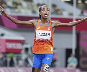 02 August 2021, Japan, Tokio: Athletics: Olympics, 5000m, Women, Final, at the Olympic Stadium. Sifan Hassan from the Netherlands cheers at the finish. Photo by: Michael Kappeler/picture-alliance/dpa/AP Images