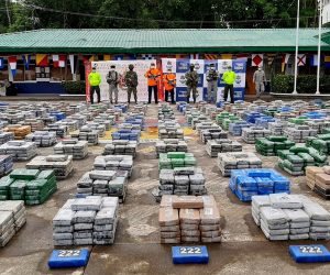 epa09345164 A handout photo made available by the Colombian Ministry of Defense shows a seized shipment of 5.4 tons of cocaine, exhibited by the authorities in Quibdo, Colombia, 14 July 2021. Colombian authorities seized 5.4 tons of cocaine owned by the Clan del Golfo, the country's largest criminal gang, in the department of Choco, bordering Panama, military sources reported on Wednesday.  EPA/Ministry of Defense Colombia / H  HANDOUT EDITORIAL USE ONLY/NO SALES