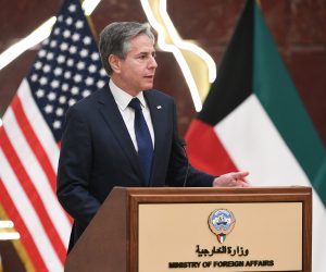 epa09376563 US Secretary of State Antony Blinken speaks during a press conference with Kuwaiti Deputy Prime Minister and Minister of Foreign Affairs at Kuwait Foreign Ministry building, in Kuwait City, Kuwait, 29 July 2021. Blinken is visiting Kuwait for talks with top officials on bilateral cooperation, regional security and investment.  EPA/NOUFAL IBRAHIM