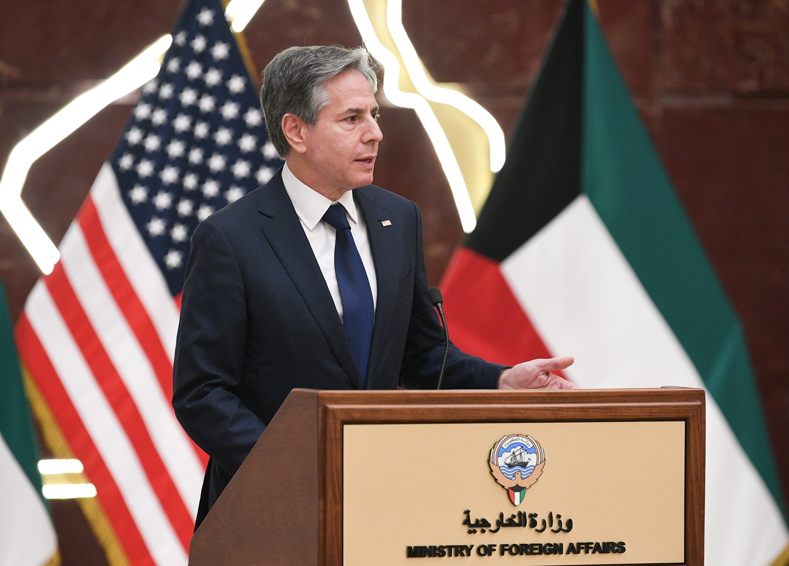 epa09376563 US Secretary of State Antony Blinken speaks during a press conference with Kuwaiti Deputy Prime Minister and Minister of Foreign Affairs at Kuwait Foreign Ministry building, in Kuwait City, Kuwait, 29 July 2021. Blinken is visiting Kuwait for talks with top officials on bilateral cooperation, regional security and investment.  EPA/NOUFAL IBRAHIM