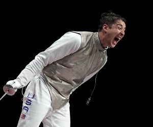 epa09385032 lexander Massialas of US reacts after defeating Kyosuke Matsuyama of Japan in the Fencing Men's Foil Team Bronze medal match between US and Japan during the Tokyo 2020 Olympic Games at the Makuhari Messe convention centre in Chiba, Japan, 01 August 2021.  EPA/NIC BOTHMA