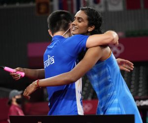epa09385471 Pusarla V. Sindhu of India reacts after winning the Women's singles Bronze medal match against He Bing Jiao of China during the Badminton events of the Tokyo 2020 Olympic Games at the Musashino Forest Sports Plaza in Chofu, Tokyo, Japan, 01 August 2021.  EPA/Kimima Mayama