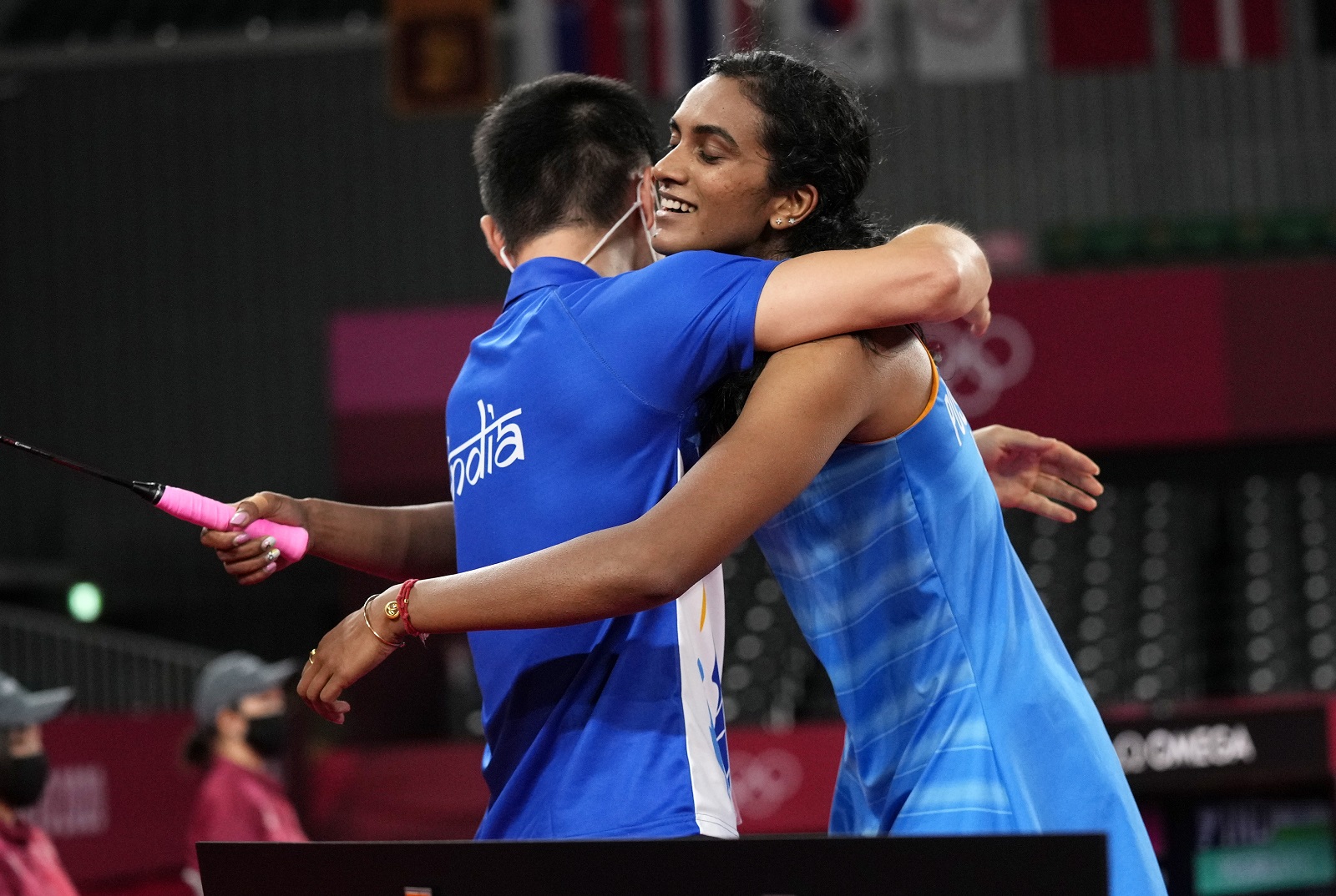 epa09385471 Pusarla V. Sindhu of India reacts after winning the Women's singles Bronze medal match against He Bing Jiao of China during the Badminton events of the Tokyo 2020 Olympic Games at the Musashino Forest Sports Plaza in Chofu, Tokyo, Japan, 01 August 2021.  EPA/Kimima Mayama