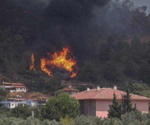 epa09385548 A view of a wildfire burning at a rural area of Marmaris district of Mugla, Turkey, 01 August 2021. Turkish Health minister Fahrettin Koca confirmed that 6 people have lost their lives due to the wildfires raging in Turkey’s Mediterranean towns.  EPA/ERDEM SAHIN