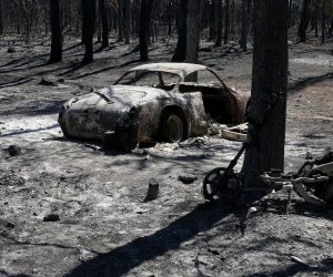 epa09406231 A burnt car is seen in the forest  in Varybobi area, near Athens, Greece, 08 August 2021. Fires that broke out in Attica and Evia island this week have burned more than a quarter of a million stremmas, the National Observatory of Athens' center Beyond said on August 08. Some 76,150 stremmas (7,615 hectares) have been burnt so far in northern Attica. At Evia island the surface area of burnt land is measured at 197,940 stremmas (19,794 hectares). These figures concern only the fires in Attica and Evia, but dozens of large fires have affected several areas across the country.  EPA/ORESTIS PANAGIOTOU