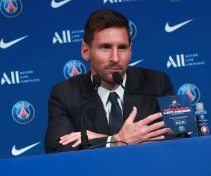 epa09409411 Argentinian striker Lionel Messi during his press conference as part of his official presentation at the Parc des Princes stadium, in Paris, France, 11 August 2021. Messi arrived in Paris on 09 August and signed a contract with French soccer club Paris Saint-Germain.  EPA/CHRISTOPHE PETIT TESSON