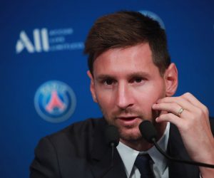 epa09409422 Argentinian striker Lionel Messi during his press conference as part of his official presentation at the Parc des Princes stadium, in Paris, France, 11 August 2021. Messi arrived in Paris on 09 August and signed a contract with French soccer club Paris Saint-Germain.  EPA/CHRISTOPHE PETIT TESSON