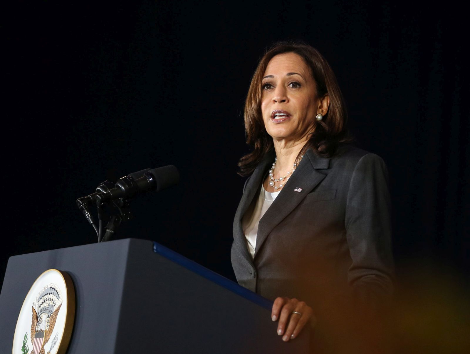 epa09427014 US Vice President Kamala Harris delivers a speech at Gardens by the Bay in Singapore, 24 August 2021. US Vice President Kamala Harris is on an official three-day visit to Singapore before heading to Vietnam on 24 August 2021.  EPA/ONG WEE JIN / SPH SINGAPORE OUT