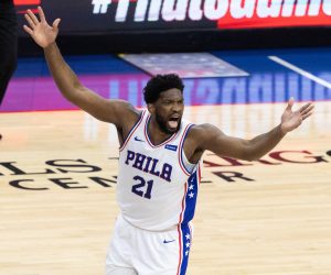 FILE PHOTO: NBA: Playoffs-Atlanta Hawks at Philadelphia 76ers FILE PHOTO: Jun 20, 2021; Philadelphia, Pennsylvania, USA; Philadelphia 76ers center Joel Embiid (21) reacts after scoring against the Atlanta Hawks during the first quarter of game seven of the second round of the 2021 NBA Playoffs at Wells Fargo Center. Mandatory Credit: Bill Streicher-USA TODAY Sports/File Photo Bill Streicher