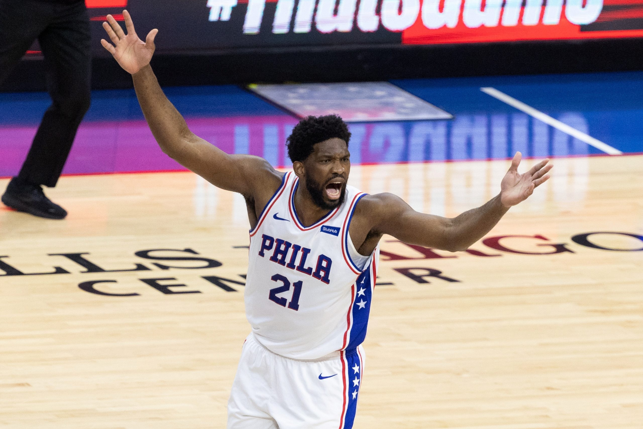 FILE PHOTO: NBA: Playoffs-Atlanta Hawks at Philadelphia 76ers FILE PHOTO: Jun 20, 2021; Philadelphia, Pennsylvania, USA; Philadelphia 76ers center Joel Embiid (21) reacts after scoring against the Atlanta Hawks during the first quarter of game seven of the second round of the 2021 NBA Playoffs at Wells Fargo Center. Mandatory Credit: Bill Streicher-USA TODAY Sports/File Photo Bill Streicher