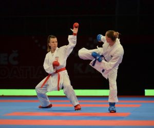 22.05.2021., Porec - Europsko prvenstvo u karateu - Female team kumite Hrvatska protiv Francuske, CROATIA (LENARD, LESJAK, VUKOJA, ZORKO) (CRO) vs FRANCE (AGIER, AVAZERI, HEURTAULT, SIVERT) (FRA). Ana Lenard (crvena) u borbi.
Photo: Sasa Miljevic / PIXSELL