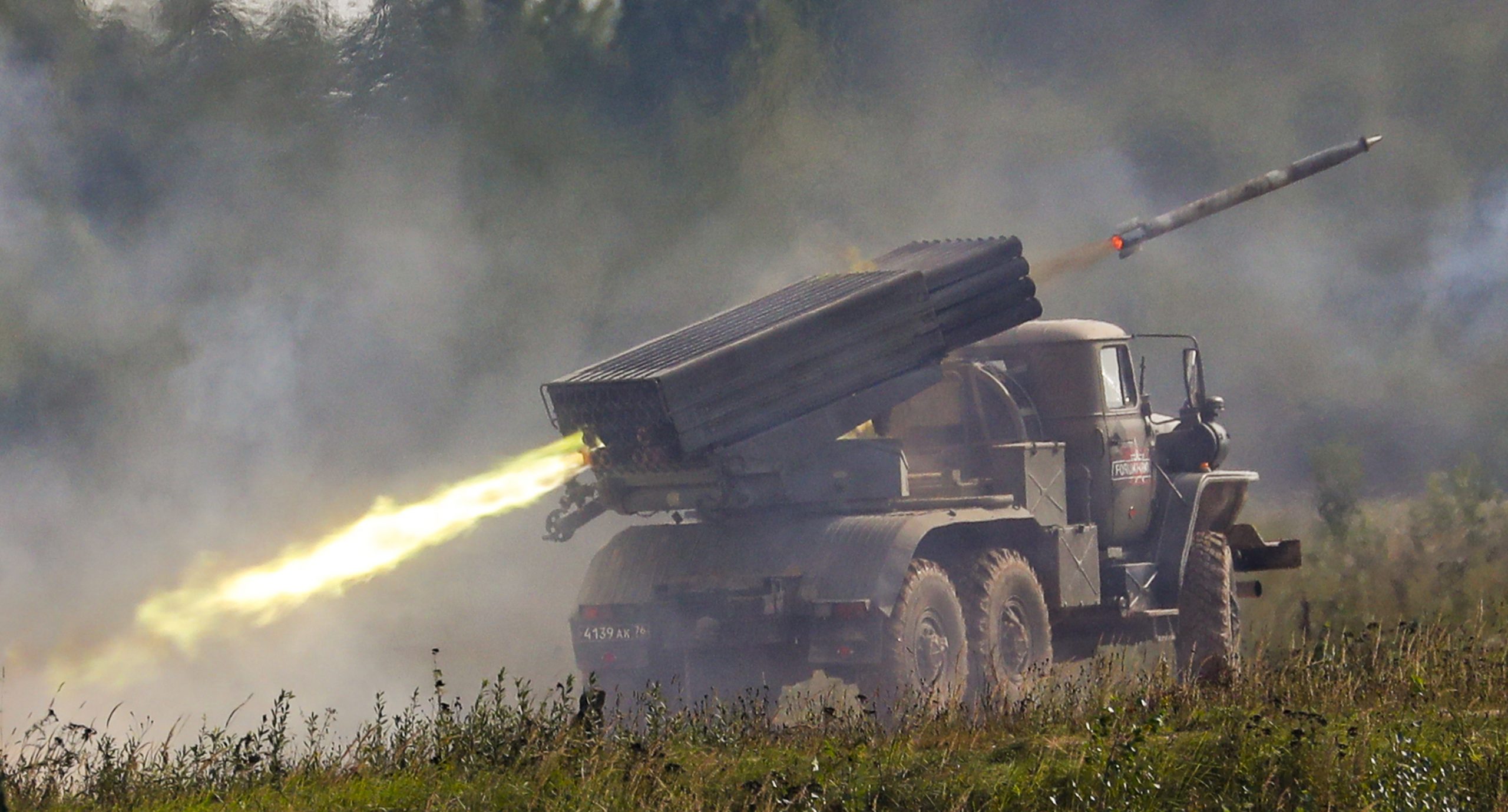 epa09432294 A Tornado-G multiple rocket launcher performs duringat the Alabino training ground, Moscow region, Russia, 27 August 2021. The 7th International Military-Technical Forum 'Army-2021' is held from 22 August till 04 September 2021.  EPA/SERGEI ILNITSKY