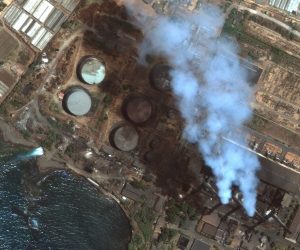epa09439907 A handout satellite image made available by Maxar Technologies shows oil tanks at the Baniyas power plant before rupture, in Baniyas, Syria, 27 July 2021 (issued 01 September 2021). An oil spill is spreading across the Mediterranean and the Syrian coast toward Cyprus.  EPA/MAXAR TECHNOLOGIES HANDOUT -- MANDATORY CREDIT: SATELLITE IMAGE 2021 MAXAR TECHNOLOGIES -- the watermark may not be removed/cropped -- HANDOUT EDITORIAL USE ONLY/NO SALES