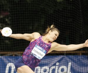 epa09440795 Sandra Perkovic of Croatia in action during the Women's Discus throw competition at the IAAF Diamond League Memorial Van Damme athletics meeting at La Camber Park in Brussels, Belgium, 01 September 2021.  EPA/OLIVIER HOSLET