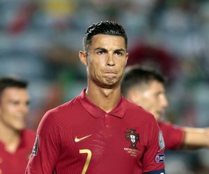 epa09441619 Portugal´s Cristiano Ronaldo reacts  during the FIFA World Cup  Qatar 2022 group A qualification soccer match between Portugal and Ireland held at Algarve stadium in Faro, Portugal, 01 September  2021.  EPA/ANTONIO COTRIM