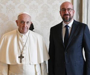 epa09460685 A handout picture provided by the Vatican Media shows Pope Francis (L) and European Council President Charles Michel (R) posing for a photograph during their meeting in Vatican City, 11 September 2021.  EPA/VATICAN MEDIA HANDOUT  HANDOUT EDITORIAL USE ONLY/NO SALES