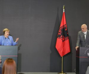 epa09467496 German Chancellor Angela Merkel  and Albanian Prime Minister Edi Rama  during a press conference in Tirana, Albania, 14 September 2021. The German Chancellor is in Albania to participate in the Western Balkan Summit.  EPA/MALTON DIBRA