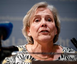 epa09473461 Outgoing defense minister Ank Bijleveld during a statement at her ministry after her party leadership held crisis consultations, in the Hague, Netherlands, 17 September 2021.  EPA/Bart Maat
