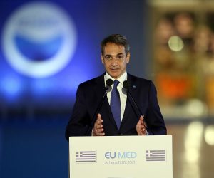 epa09473985 Prime Minister of Greece Kyriakos Mitsotakis makes statements during the EUMed9 Summit, in Athens, Greece, 17 September 2021.The agenda of the Summit, which acquires special geopolitical weight, includes security challenges in the Mediterranean that endanger stability in the region, potential new crises, such as the threat of migration flows after the latest developments in Afghanistan, and other crises, the consequences of which Mediterranean countries are already experiencing.  EPA/ORESTIS PANAGIOTOU