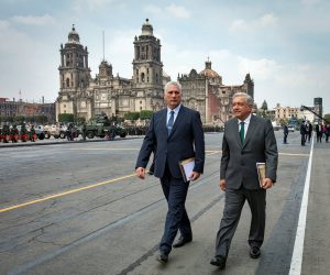 epa09472595 A handout photo made available by Presidency of Cuba shows President of Cuba, Miguel Diaz-Canel (L), along with his cunterpart of Mexico, Andres Manuel Lopez Obrador (R), while participating in the military parade for the 211st Anniversary of Mexico's Independence at the Zocalo in Mexico City, Mexico, 16 September 2021.  EPA/Alejandro Azcuy / Presidency of Cuba HANDOUT  HANDOUT EDITORIAL USE ONLY/NO SALES