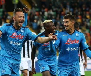 epa09478425 Napoli’s Amir Rrahmani (L) celebrates with teammates after scoring the 0-2 goal during the Italian Serie A soccer match between Udinese Calcio and SSC Napoli at the Friuli-Dacia Arena stadium in Udine, Italy, 20 September 2021.  EPA/GABRIELE MENIS