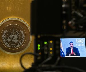 epa09482259 Venezuela's President Nicolas Maduro remotely addresses the 76th Session of the U.N. General Assembly by pre-recorded video in New York City, New York, USA, 22 September 2021.  EPA/EDUARDO MUNOZ / POOL