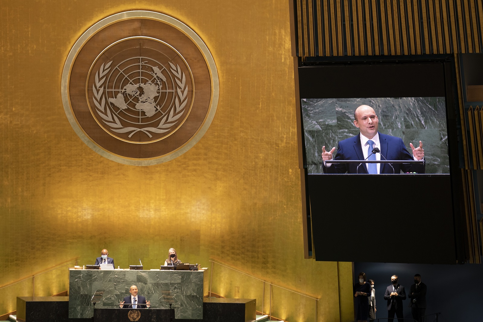 epa09491606 Israel's Prime Minister Naftali Bennett addresses the 76th Session of the United Nations General Assembly (UNGA) at the UN headquarters in New York, New York, USA, 27 September 2021.  EPA/JOHN MINCHILLO / POOL